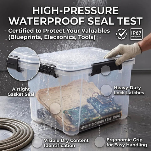 Hella Sturdy 19 Quart Stackable Storage Bin With Airtight Gasket Seal And Clear Body for storing electronics and documents, waterproof test.
