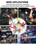 All In One Waterproof Heavy Duty Heat Shrink Wire Connector Kit With Copper Lugs Insulated Spade Fork Ring T Tap Butt Splice And Male Female Terminals For Automotive Electrical DIY Projects displayed in various applications.