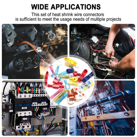 All In One Waterproof Heavy Duty Heat Shrink Wire Connector Kit With Copper Lugs Insulated Spade Fork Ring T Tap Butt Splice And Male Female Terminals For Automotive Electrical DIY Projects displayed in various applications.