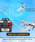 Remote control and Vought A3U-2 Sea Scorpion with aerobatics feature, highlighting Ready To Fly 4 Channel RC Plane For Adults With Beast Performance, Advanced Foam Construction, Propeller Saver Upgrade, Realistic P51 Mustang Warbird, Remote Controlled Airplane With High Speed Maneuverability And Durable Build.