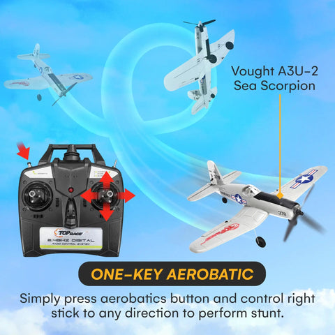 Remote control and Vought A3U-2 Sea Scorpion with aerobatics feature, highlighting Ready To Fly 4 Channel RC Plane For Adults With Beast Performance, Advanced Foam Construction, Propeller Saver Upgrade, Realistic P51 Mustang Warbird, Remote Controlled Airplane With High Speed Maneuverability And Durable Build.