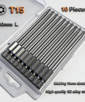 Tough As Nails T15 Security Torx Bits Set Packs Ten 4 Inch Long Magnetic Driver Tips forged from heavy duty S2 alloy steel.