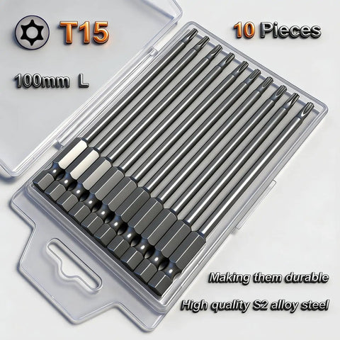 Tough As Nails T15 Security Torx Bits Set Packs Ten 4 Inch Long Magnetic Driver Tips forged from heavy duty S2 alloy steel.