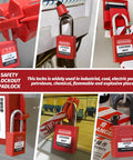 2 Pack Lockout Tagout Locks with Red LOTO Tags Kit Keyed Alike 2 Keys Per Lock Safety Padlocks OSHA Compliant Do Not Operate Danger Tags for Industrial Safety in use on equipment with red tags visible.