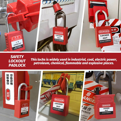 2 Pack Lockout Tagout Locks with Red LOTO Tags Kit Keyed Alike 2 Keys Per Lock Safety Padlocks OSHA Compliant Do Not Operate Danger Tags for Industrial Safety in use on equipment with red tags visible.