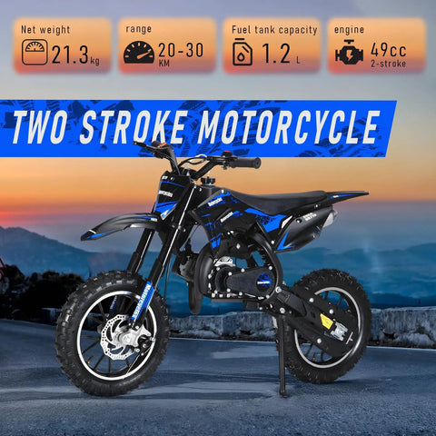 Awesome 50Cc Gas-Powered Kids Dirt Bike With 2-Stroke Engine Hits 35 Mph, 49cc engine, designed for off-road adventures.