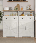 White Farmhouse Storage Cabinet With Barn Doors And Shelves, two side-by-side in a kitchen setting, rustic modern white finish