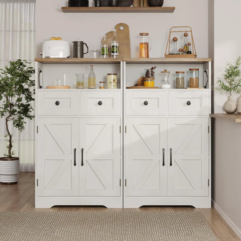 White Farmhouse Storage Cabinet With Barn Doors And Shelves, two side-by-side in a kitchen setting, rustic modern white finish