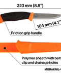 Heavy Duty Outdoor Knife With A 4.1-Inch Stainless Steel Blade And Bright Orange Handle, shown with dimensions and sheath