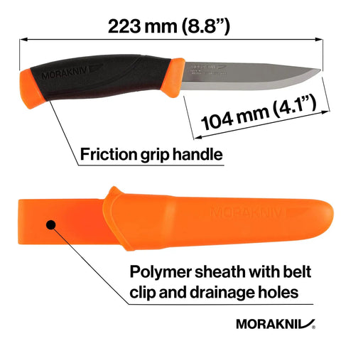 Heavy Duty Outdoor Knife With A 4.1-Inch Stainless Steel Blade And Bright Orange Handle, shown with dimensions and sheath