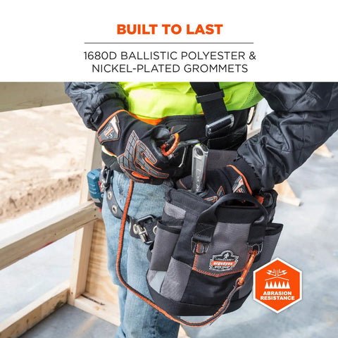 Worker using Arsenal 5517 Premium Topped Tool Pouch With Zipper For Secure Tool Storage On Harnesses, fits most tool belts, black.