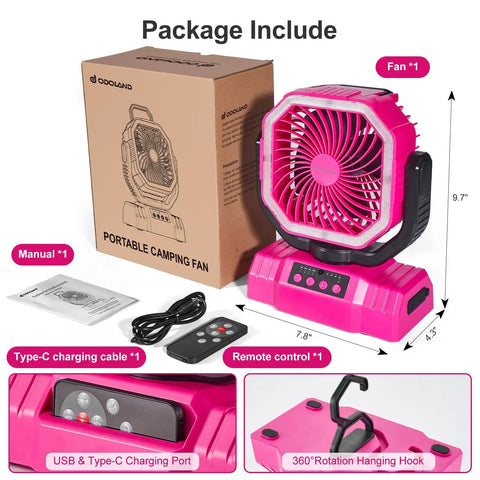 Portable Camping Fan With LED Lantern And 20000mAh Battery Auto Oscillation Remote Timer 360 Degree Rotation Hook Four Speeds