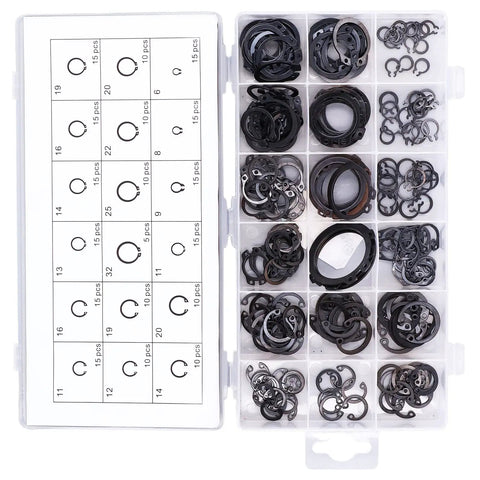 225 Piece C Clip Circlip Snap Ring Retaining Fastener Set For Machinery Vehicles Automotive And Industrial Use Durable Rubber Alloy Steel Black 6mm To 32mm Open End Design For Easy Snap In And Secure Fit Workhorse Kit in plastic case with 13 compartments