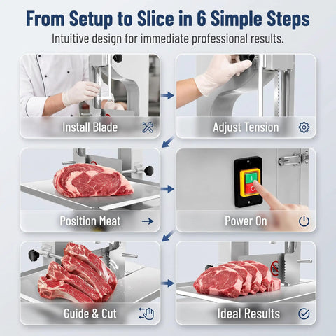 Heavy Duty 2500W Electric Meat Band Saw Commercial Bone Cutting Heavy Hitter With Adjustable Stainless Steel Tabletop setup steps diagram