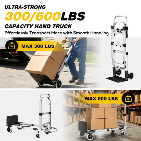 Heavy Duty 3 In 1 Convertible Hand Truck Dolly With 600 Pound Capacity, transporting boxes on a concrete surface.