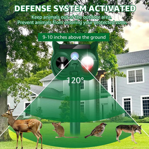 Solar Powered Ultrasonic Animal Repellent With Outdoor Motion Sensor For Squirrels And Deer Yard Guard PIR Detection Up To 30 Feet 120 Degree Coverage Inaudible To Humans With LED Strobe mounted in yard, 120° motion zone