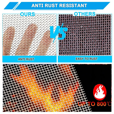 Comparison of anti-rust features of Built To Last Heavy Duty Stainless Steel Mesh Screen 20 Mesh 304 with heat resistance displayed.