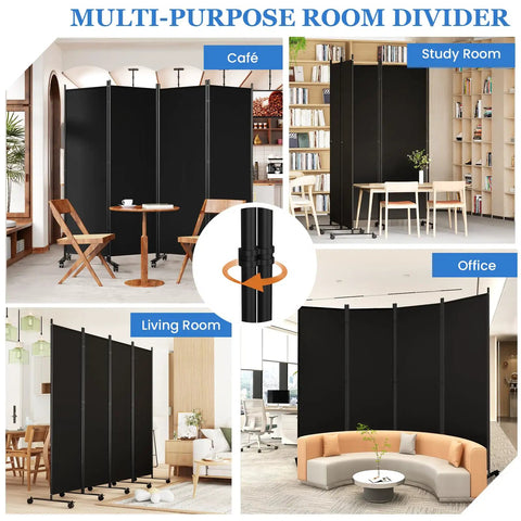 Six Foot Folding Privacy Screen With Lockable Wheels, 4-Panel Room Divider shown in café, study, office, and living room