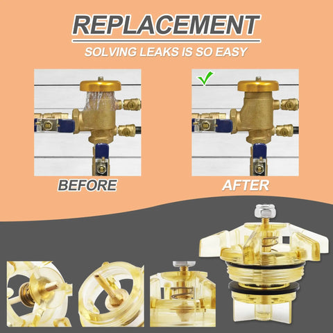 DIY Ready Bonnet And Poppet Assembly Repair Kit For 765 Half Inch And Three Quarters Inch Pressure Vacuum Breakers And Backflow Preventers PVB Material Replacement Easy Install, showing brass and ABS assembly parts with before and after installation images.
