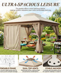 11x11 Pop Up Gazebo Instant Setup Outdoor Canopy Tent With Waterproof Fabric, No Tools Needed, Removable Mesh Netting, Khaki