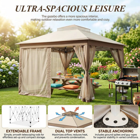 11x11 Pop Up Gazebo Instant Setup Outdoor Canopy Tent With Waterproof Fabric, No Tools Needed, Removable Mesh Netting, Khaki