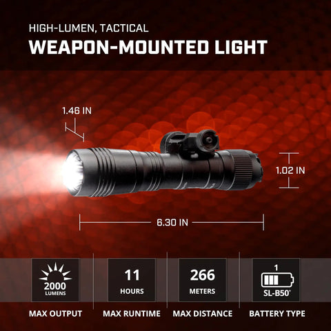 ProTac 2.0 2000 Lumen Rail Mount Tactical Flashlight With Rechargeable Battery Pack USB C Cord