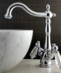 KS1491WLL Sleek Wilshire Vessel Sink Faucet Polished Chrome with Deck Mount next to a marble vessel sink