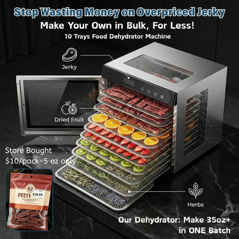 Top Shelf 800W Food Dehydrator Machine Featuring Ten Stainless Steel Trays for drying jerky, fruit, and herbs.