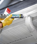 Applying Butyl Flex Gutter And Flashing Sealant White 10.1 Oz Exterior Waterproof Sealant on gutter joint with caulking gun