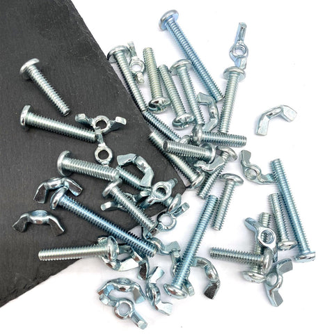 48 Pack One Quarter Twenty Wing Nut And Machine Screw Kit With Round Head Phillips Bolts In One Inch One And A Quarter Inch And Two Inch Lengths Zinc Plated Hardware Includes Twenty Four Wing Nuts And Twenty Four Machine Screws In Clear Box For DIY on a black background