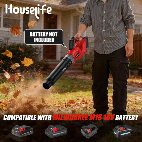 Man using 600 CFM Cordless Leaf Blower With 18V M18 Battery Compatibility, 150 MPH Turbo Power for lawn cleanup