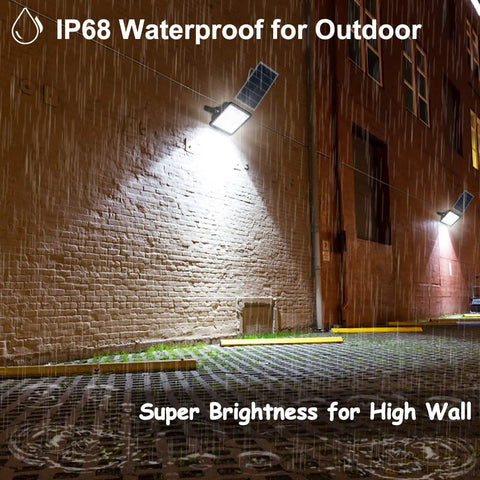 Ultra Bright 300W Solar Flood Light With 35000 Lumens Dusk To Dawn 6500K IP68 Waterproof Security Light illuminating brick wall