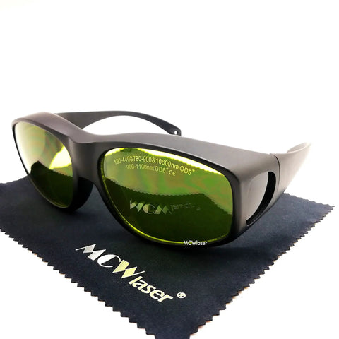 Heavy Duty Laser Safety Glasses Delivering Full Coverage Broad Spectrum Eye Protection For Uv To Far Infrared Range CE En207 Shop Tested with green lenses on a cleaning cloth.