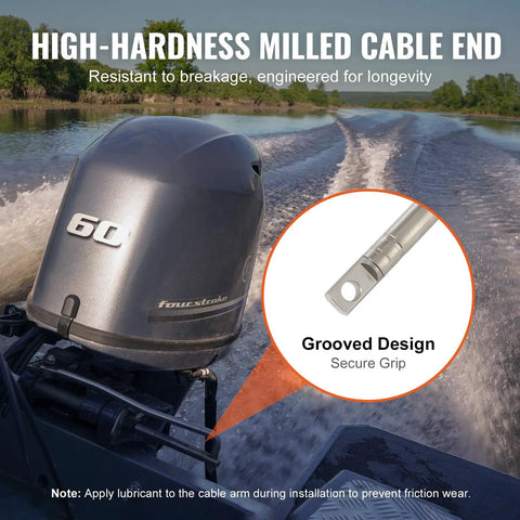 Long 17 Foot Boat Steering Cable With Three Quarter Inch Standard Tapered Shaft Marine Grade Alloy Build For Yachts Fishing Boats And Other Watercraft showing grooved cable end design.