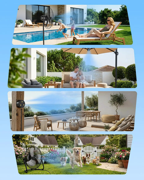 Magnetic Outdoor Misting Fan Kit Transform Any Fan Into An Instant Cooling System With Magnetic Base Triple Nozzle Design And A 16.4 Feet Misting Line For Patio Backyard And Poolside Refreshment Fans Not Included in use by poolside