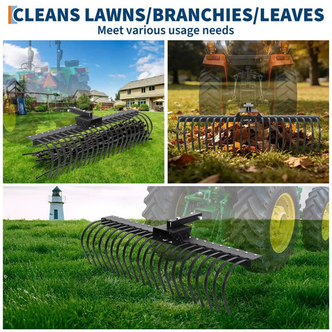 Tow Behind Landscape Rake 60 Inch Dethatcher with 21 Steel Coil Tines for leaves attached to tractors on grass field.