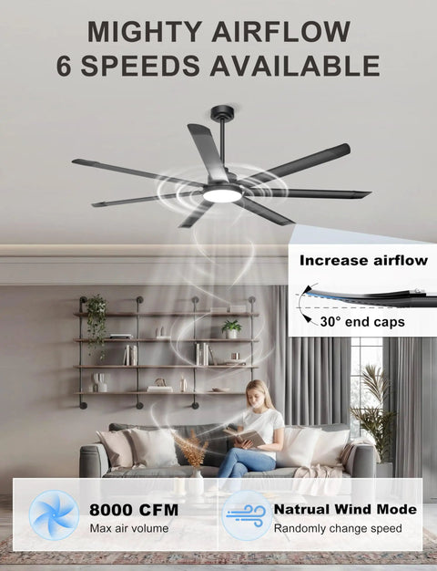 Big 72 Inch Ceiling Fan With Lights, 8000 CFM Industrial High Airflow Ceiling Fan With Remote And App Control installed in a living room