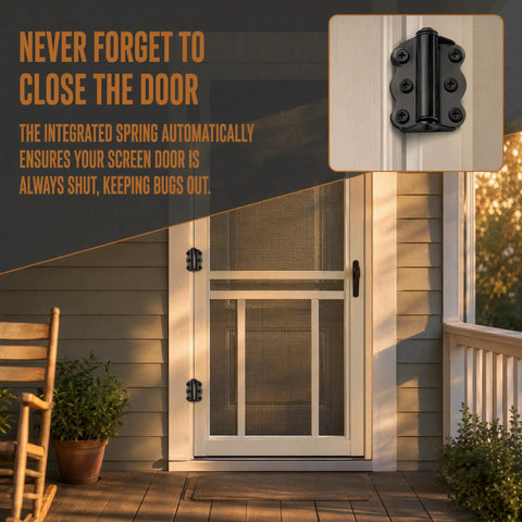 Tough As Nails Black Self Closing Screen Door Hinge Set 2-3/4 Spring Steel Hinges With Auto Close Action on porch door.