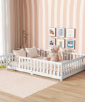 Full Size Floor Bed With Fence And Door For Toddlers And Kids, Safe Guardrails, Wooden Platform Bed With Rubber Wood Construction