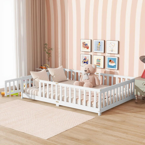 Full Size Floor Bed With Fence And Door For Toddlers And Kids, Safe Guardrails, Wooden Platform Bed With Rubber Wood Construction