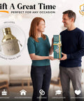 Top Shelf Insulated Cocktail Shaker Set With Double Wall Stainless Steel Body And Integrated Jigger Strainer For Smooth Home Bar Pouring And Easy Party Mixing With Total Zero Condensation Drama In Slick Gold Finish, held by couple with travel bag.