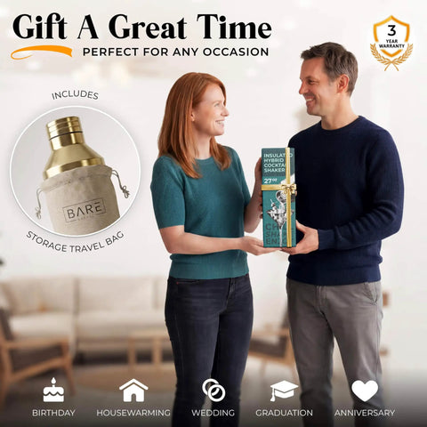 Top Shelf Insulated Cocktail Shaker Set With Double Wall Stainless Steel Body And Integrated Jigger Strainer For Smooth Home Bar Pouring And Easy Party Mixing With Total Zero Condensation Drama In Slick Gold Finish, held by couple with travel bag.