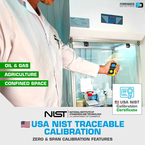Hydrogen Sulfide Gas Monitor 0-100ppm With 0.1ppm Resolution, NIST Calibrated Certificate, Dust And Explosion Proof, USB Recharge, Audible Visual And Vibration Alarms, Electrochemical Sensor, Fast Response Under 30 Seconds, held in lab