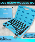 Half Inch Drive 29 Piece Shallow Socket Set With CR MO Construction For SAE And Metric Sizes Three Eighths Through One Inch And Ten Through Twenty Four Millimeters Includes Extension Bars For Pros And DIYers in blue blow-molded case