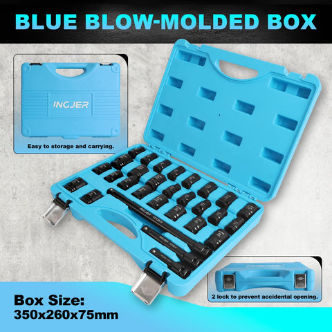 Half Inch Drive 29 Piece Shallow Socket Set With CR MO Construction For SAE And Metric Sizes Three Eighths Through One Inch And Ten Through Twenty Four Millimeters Includes Extension Bars For Pros And DIYers in blue blow-molded case