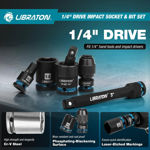 71 Piece 1/4 Inch Impact Socket Set With SAE And Metric Sockets on display with ratchet and spinner handle details