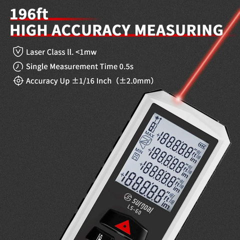 Backlit Laser Distance Meter With 0.5 Second Readings, Measures Up To 328 Feet, Ultra Accurate 2mm Precision, Class 2 Laser, Handy Multi Mode Range Finder For DIY, Construction, Real Estate, And Interior Design. Front view with red laser beam and LCD display