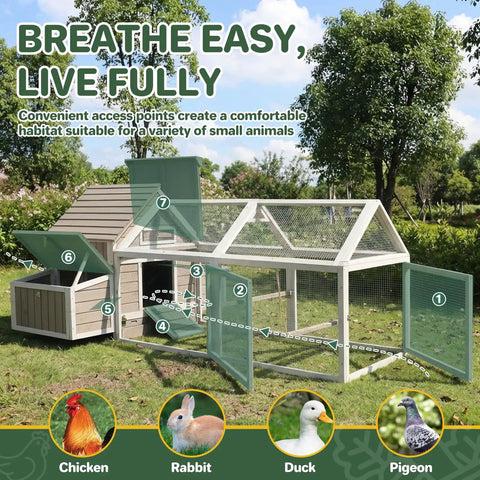 Side view of grey Spacious Outdoor Wooden Chicken Coop With Run for 2 to 4 chickens showing nesting boxes, mesh run, and perches.