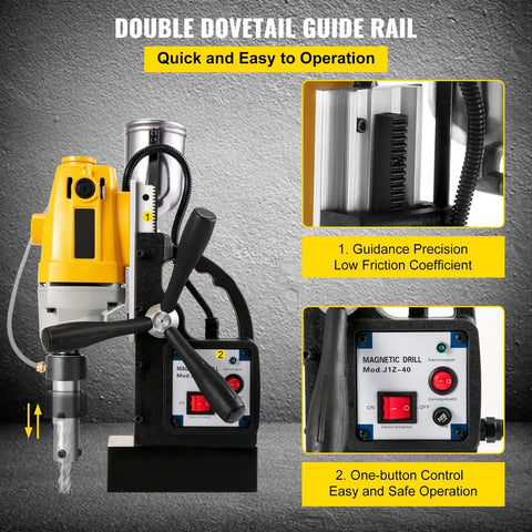 Magnetic Drill Press 40mm For Steel 1100W Copper Motor with adjustable height and dual dovetail guide rail for precision operation.