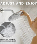 9 Inch Overhead Rain Shower Head With Self Cleaning Nozzles True Waterfall Drench High Flow Two Point Five GPM Chrome Finish showering woman